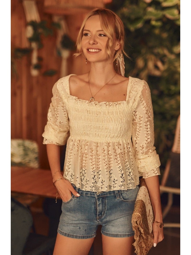 Lace blouse with a diamond neckline, beige 89455 - Online store - Boutique